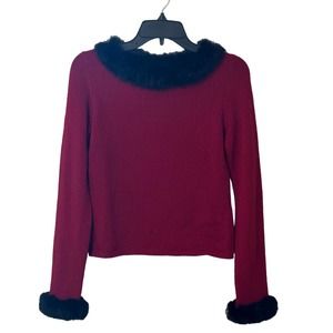 Harold's Merino Wool Hand Framed Red Black Sweater Fur Trim Size Small